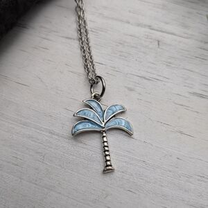 Palm Tree Pendant Necklace with Light Blue Enamel / Beach Jewelry